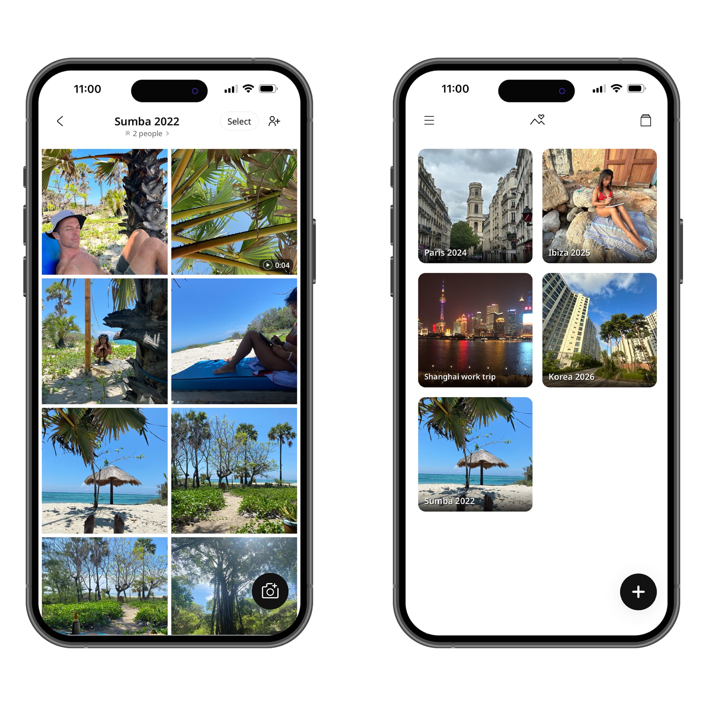 Two iPhone screens of SharePix: a shared album of beach photos called Sumba 2022, and an album list with trips to Paris, Ibiza, Shanghai and Korea